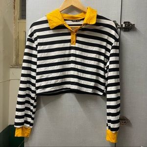 Shein Striped Contrast Collar Half Button Crop Top